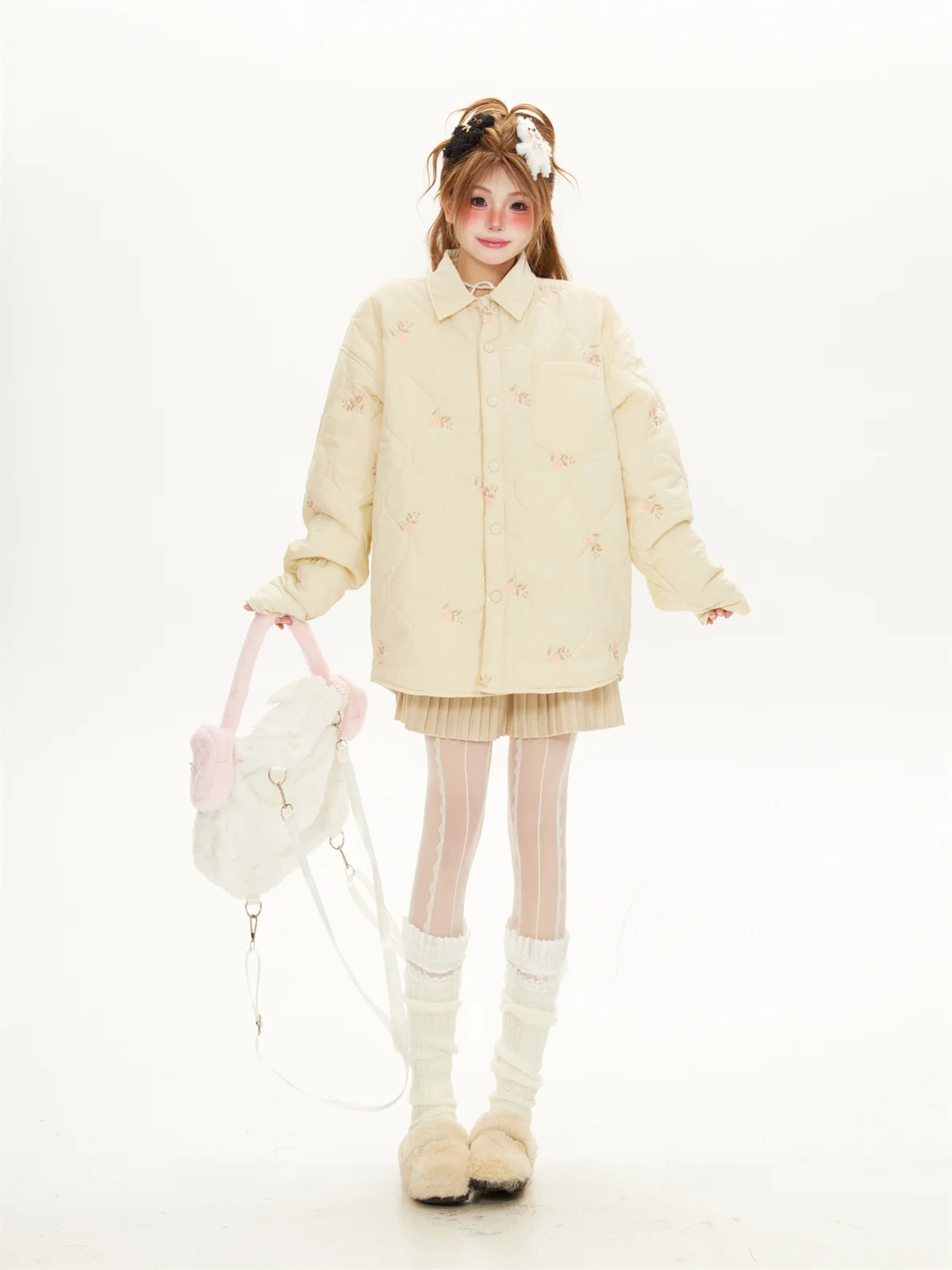Sweet Cool Khaki Floral Embroidery Gourd Pattern Thickened Cotton Jacket Women's Retro Collar Winter Outerwear Slimming Style