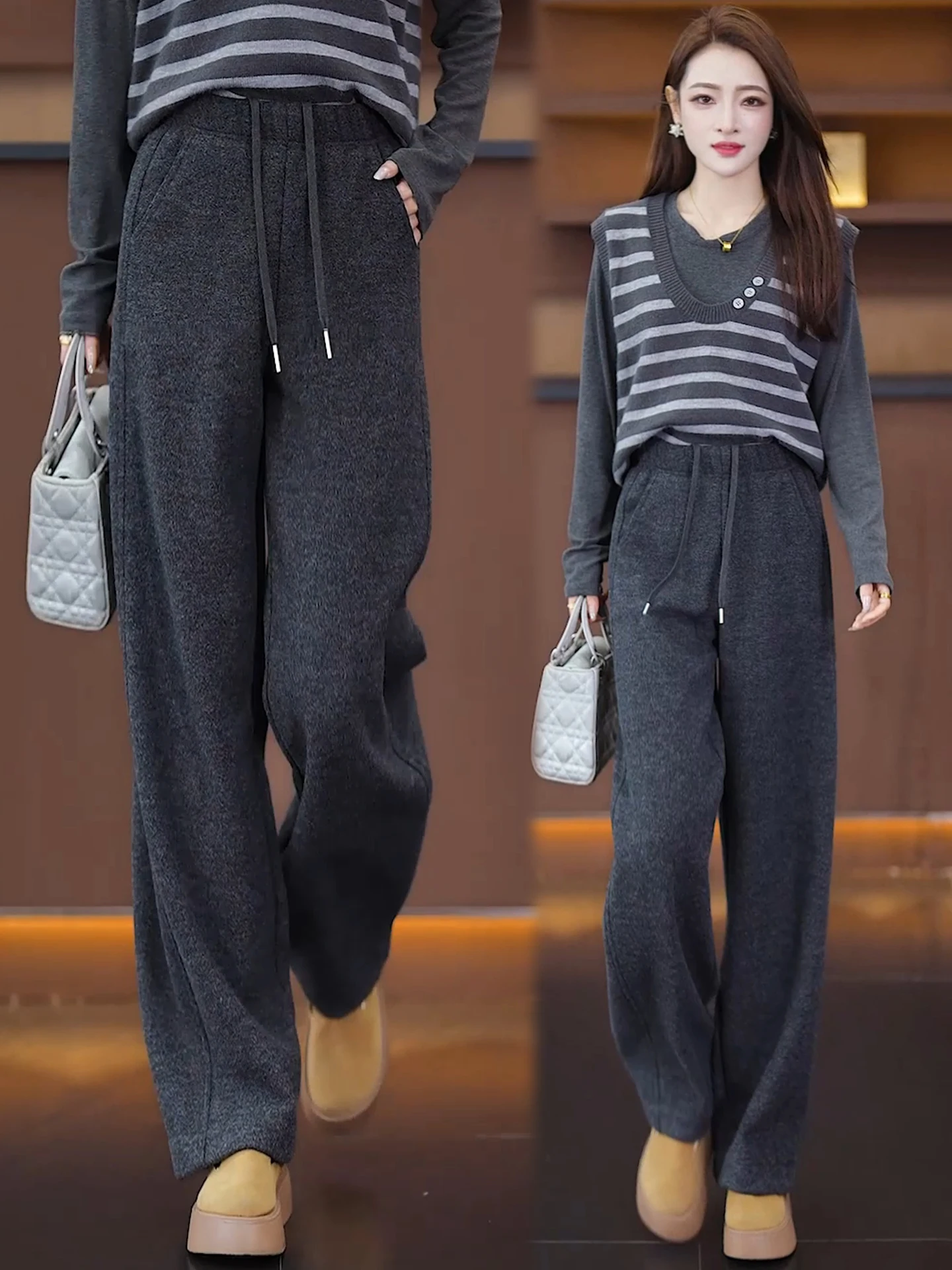 

Шерстяные брюки с высокой талией и широкими штанинами, женские повседневные брюки прямого кроя на флисовой подкладке, осенне-зимние, новые модные популярные модели