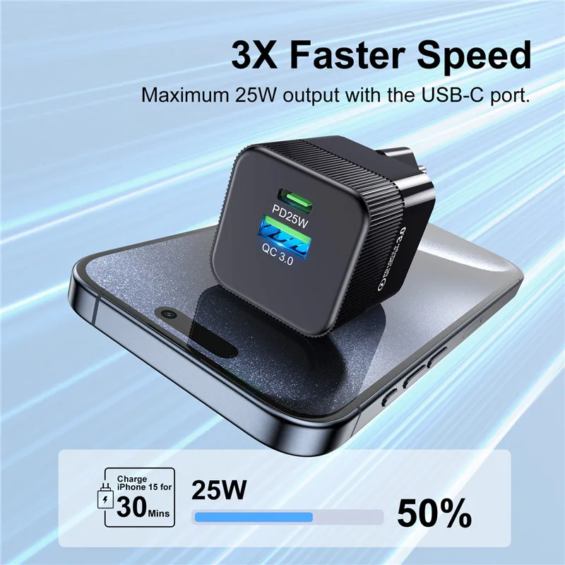 USB C Charger PD 25W Fast Charging Charger Type C Mobile Phone Chargers Power Adapter for Samsung Xiaomi iPhone 15 Huawei QC3.0