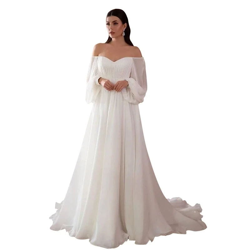 Women Elegant Wedding Evening Dress Puff Long Sleeve Sexy Off Shoulder V-Neck Ruched White Maxi Floor Length Slim Gown