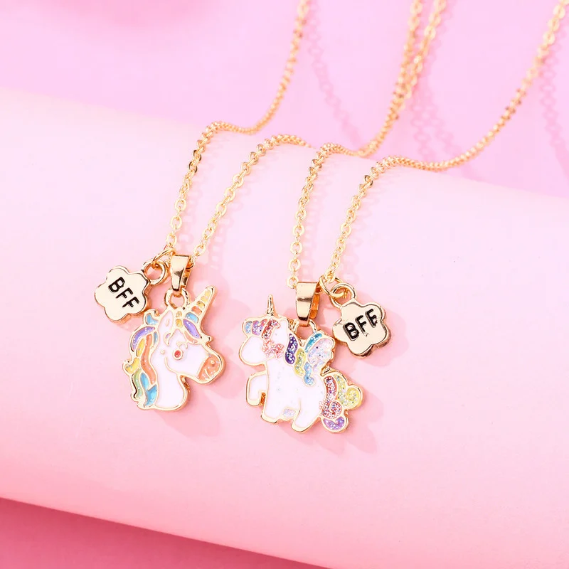 2Pcs/Set Colorful Cartoon Unicorn Shape Pendant Chain Best Friends Necklace BFF Friendship Children's Jewelry Gift for Girls