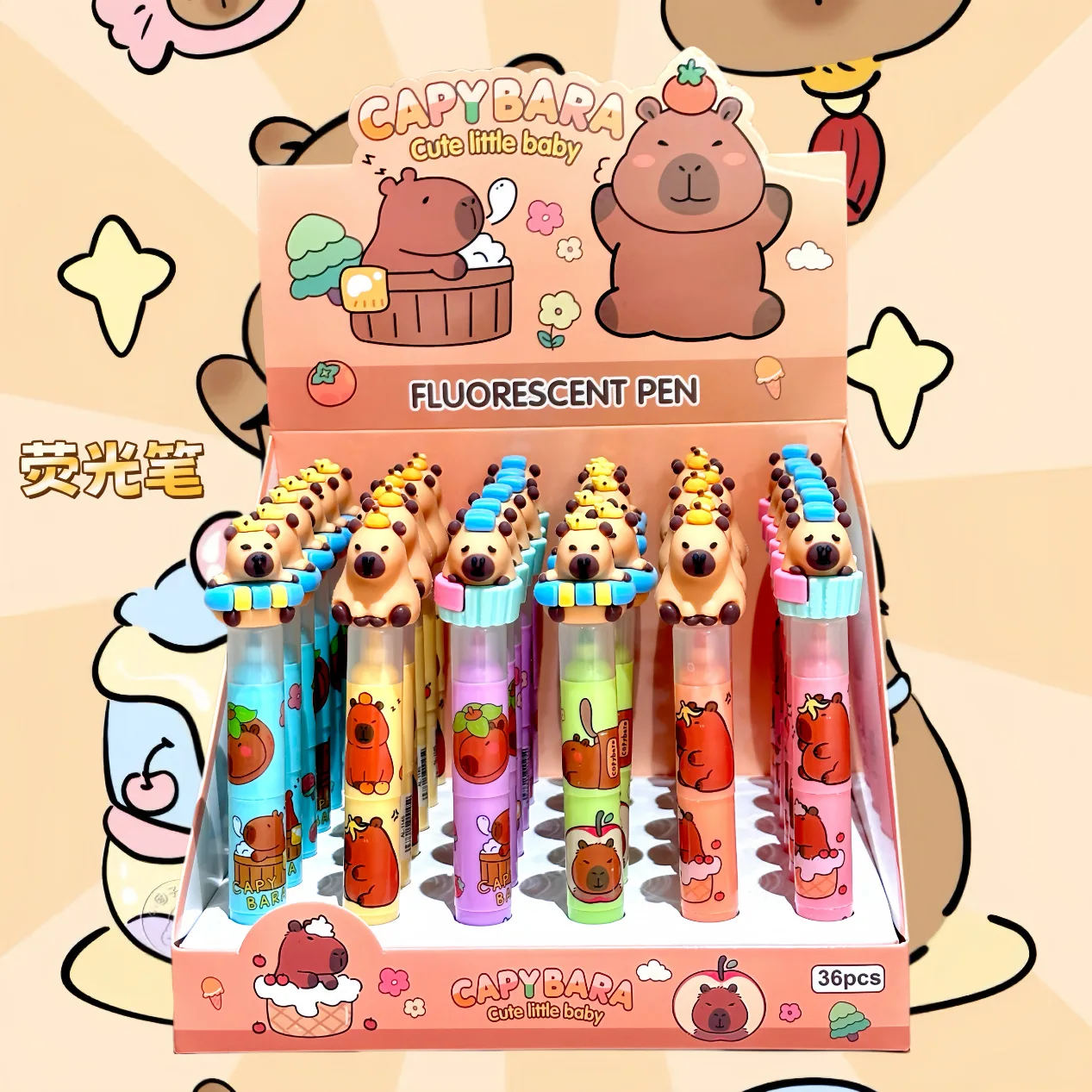 

36 Pcs with box New Capybara Highlighters Cartoon Cute High Value Eye Protection Color Hand Account Pen Student Key Marker