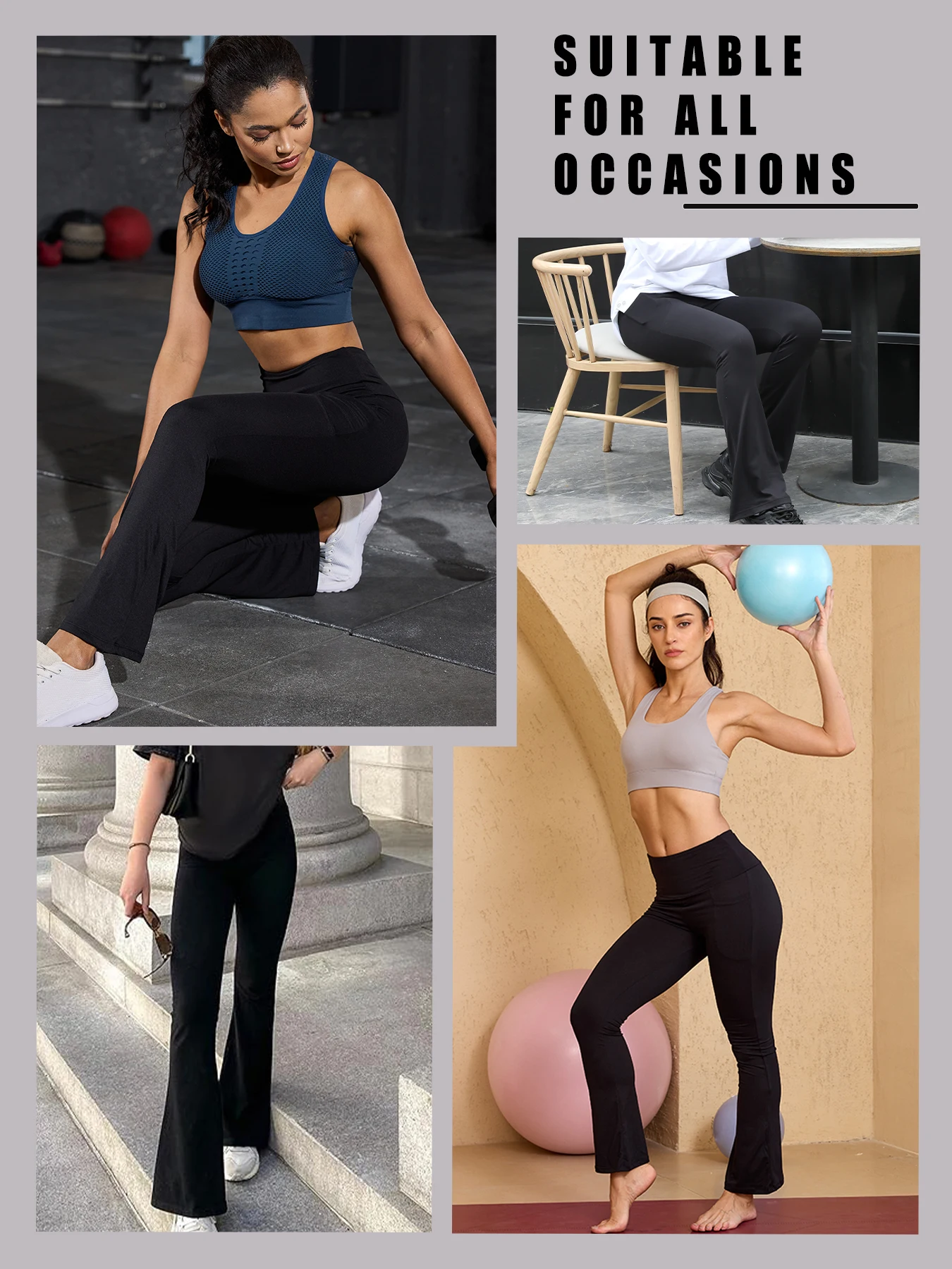 Leggings flare de cintura alta com bolsos – Calças push up femininas super macias com controle de barriga para ioga, academia, fitness, calças de sino