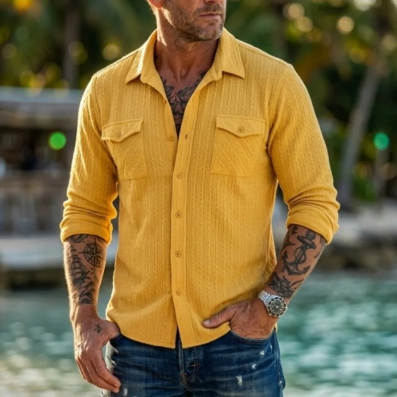 

New Men's Shirt Knitted Beach Casual Sweater Jacquard Sweater Shirt Outdoor Travel Casual Men's Clothing Top