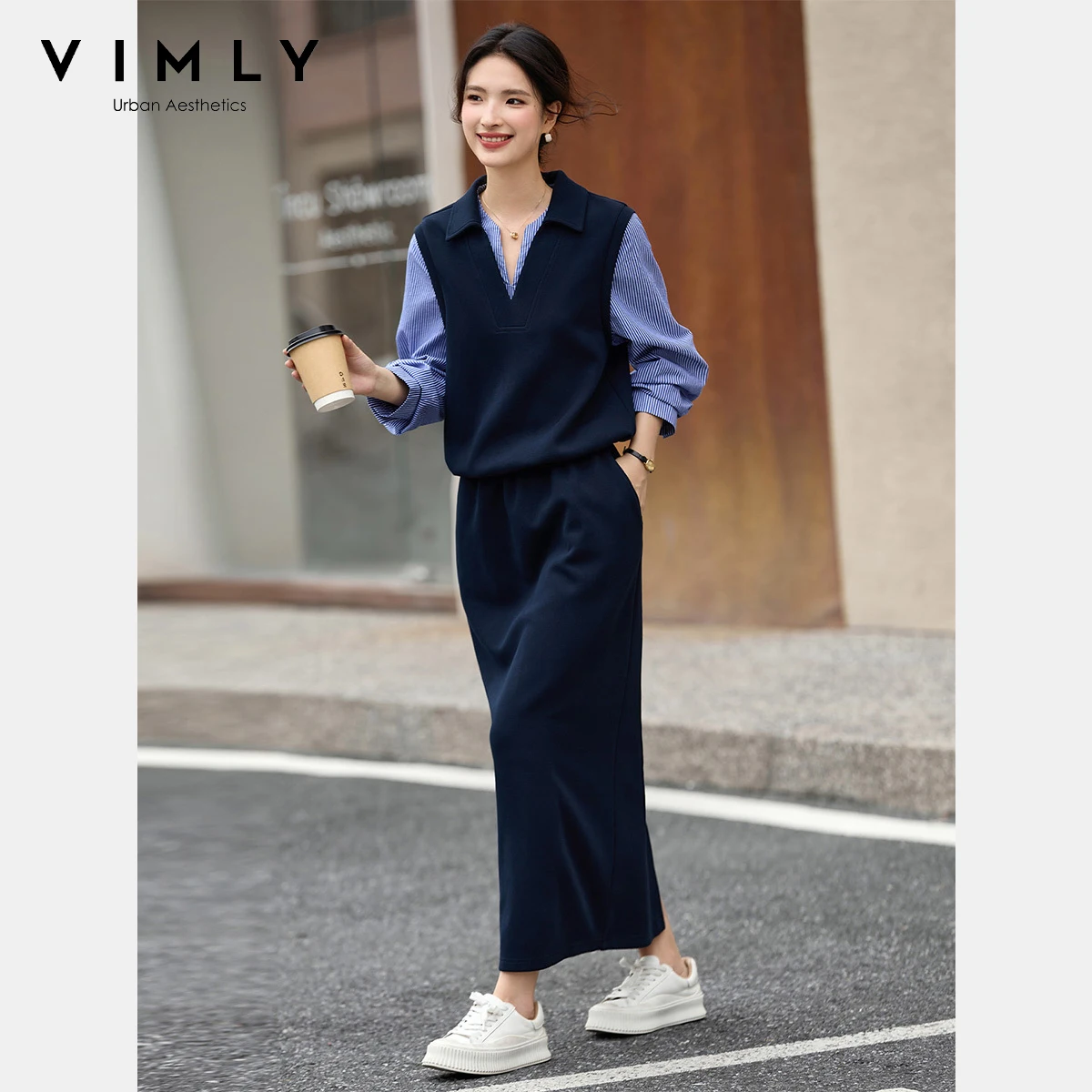 VIMLY Woman Outfits Navy Blue Skirt Sets Fall 2026 Fashion Spliced Striped Cuff Polo Neck Tops Midi Skirts 2 Piece Sets A2815