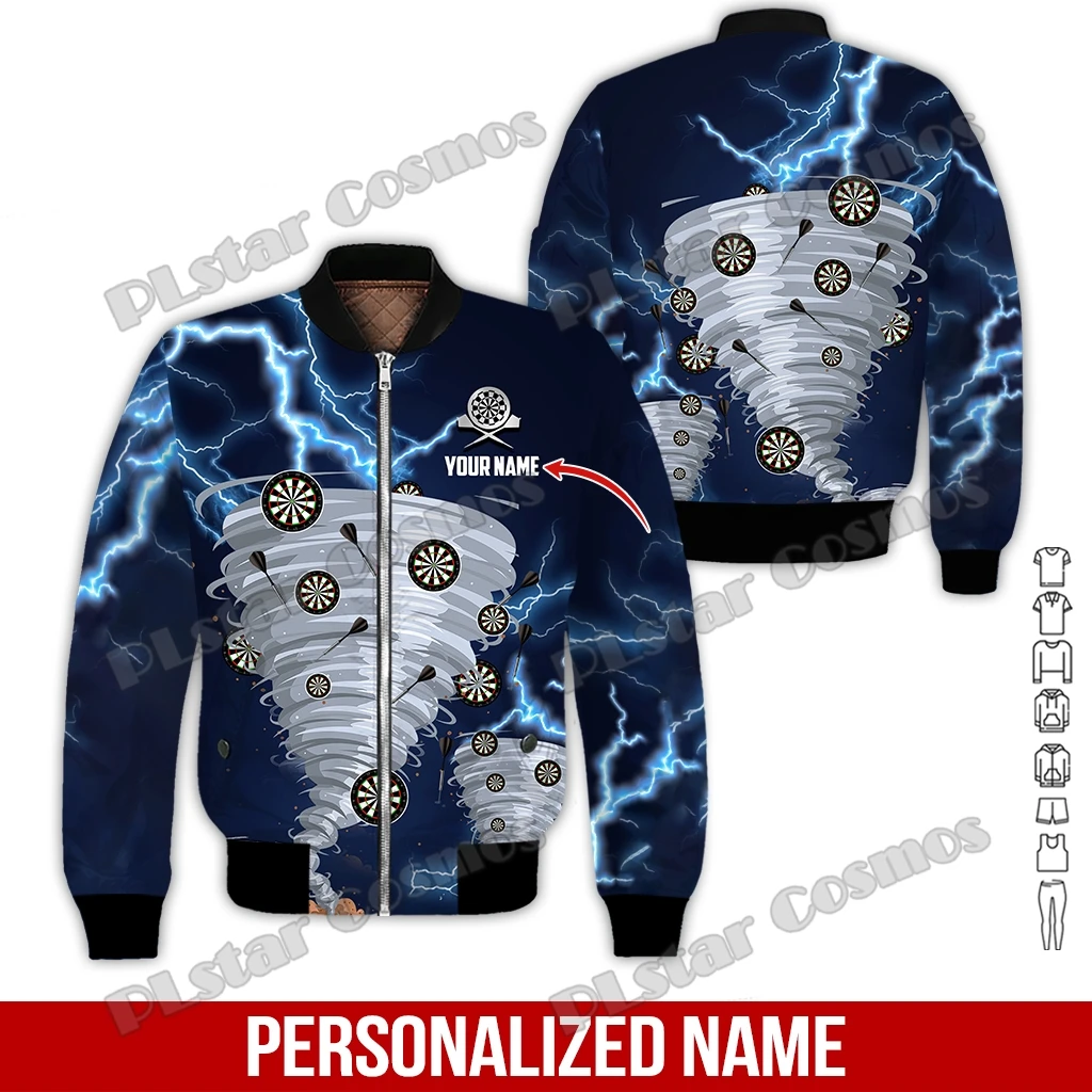 Chaqueta Bomber con nombre personalizado para hombre y mujer, abrigo grueso con estampado 3D de jugador de dardos, con cremallera, informal, cálido,