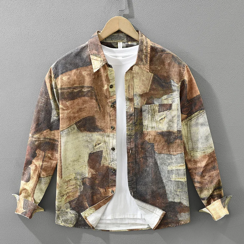 

Модная японская свободная рубашка с длинным рукавом и принтом, художественный свободный топ, мужская модная одежда в уличном стиле, из чистого хлопка