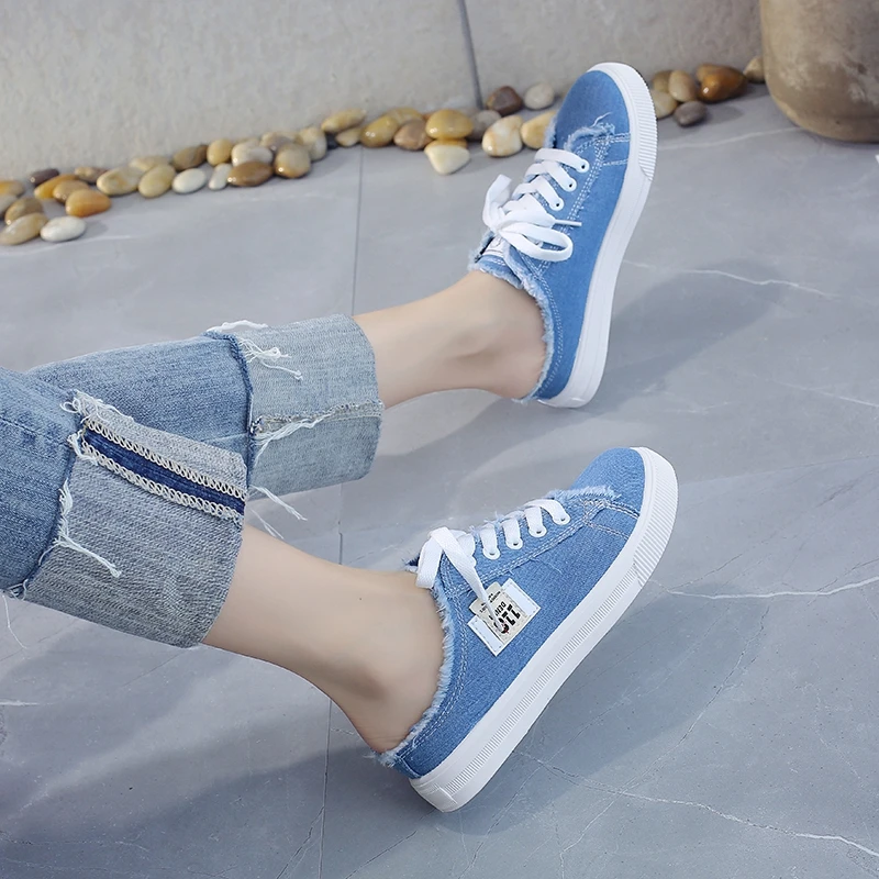 Women Fashion Canvas Shoes Flat Sneakers Casual Slippers Female Low Upper Mules Laceup Women\'s Slippers 2022 New Spring Summer