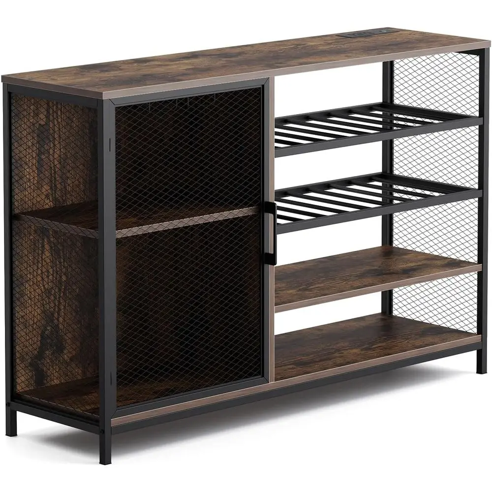 Adjustable LED Light Wine Bar Cabinet, Compact Sideboard with Rack & Cup Holder, Mesh Door Coffee Cabinet for Kitchen, Dining, L