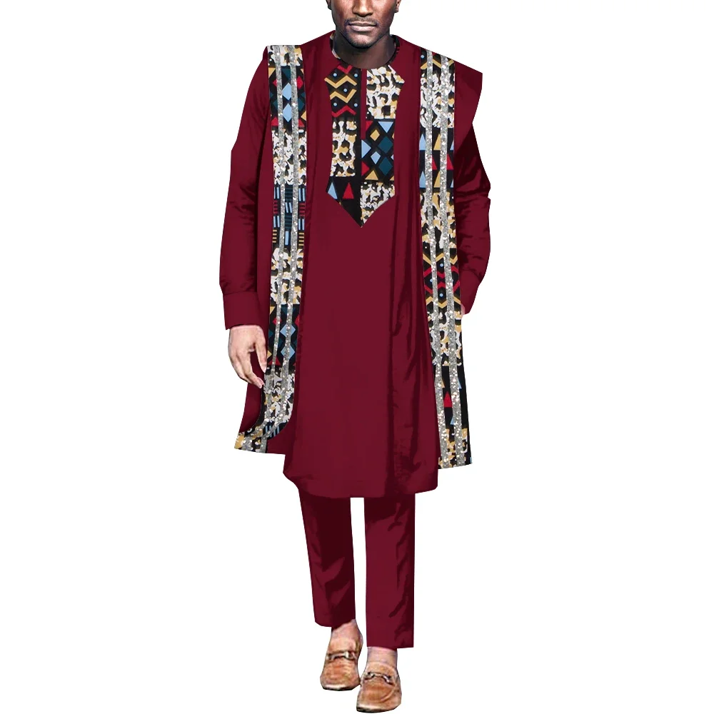 African Clothes for Men Dashiki Agbada Robe Suits 3 Pcs Set Loose Coat Shirt and Pant Patchwork Men African Style Outfit WYN1848