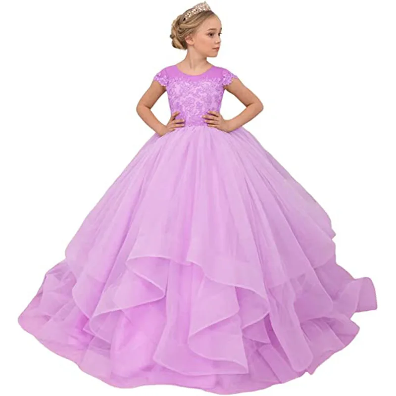 Long Ruffles Blush Ball Gown Child Flower Girl Dresses for Wedding Princess Appliques Cap Sleeves  Photoshoot Communion Gowns