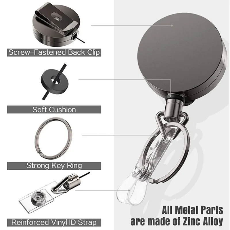 Imagem -03 - Metal Retrátil Crachá Carretel Crachá Clip Tampa do Cartão de Identificação Suporte Tração Fácil Chaveiro Elástico Colhedores Pretos Trabalho 1pc