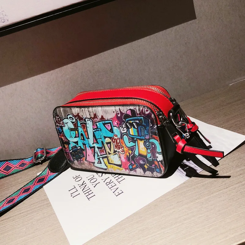 Graffiti Camera Bags for Women Hip Hop Funny Crossbody Bags Leather Fashion Female Shoulder Bag Cartoon Printing Letter Purse