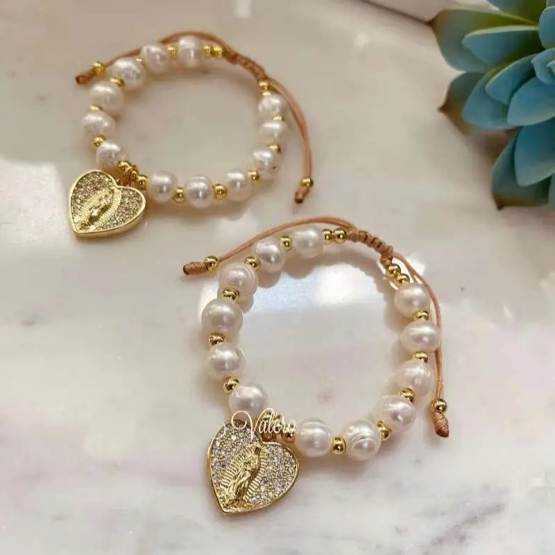 

5PCS, Fashion Freshwater Pearl Heart Bracelet Religious Women Jewelry Virgin Mary bracelets wholesale for party