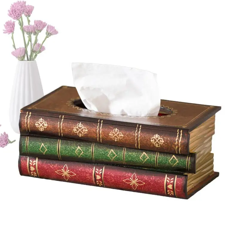 

Tissue Box Cover Rectangle Elegant wooden antique book tissue box Decorative Wooden Tissues Box for home office car decoration