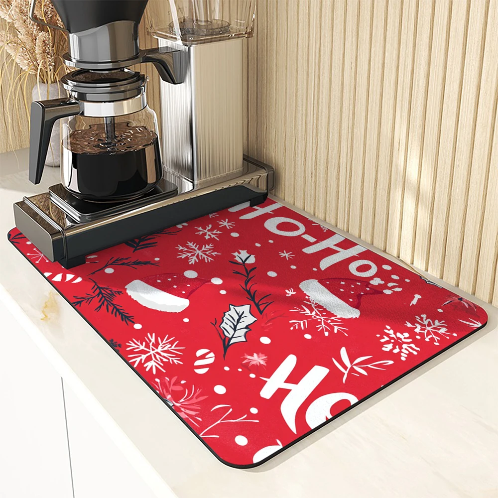 1pc Drying Mat Christmas Hat Snowflake Holly Non-Slip Absorbent Mat Tableware Kitchen Counter Drain Mats Placemats for Table