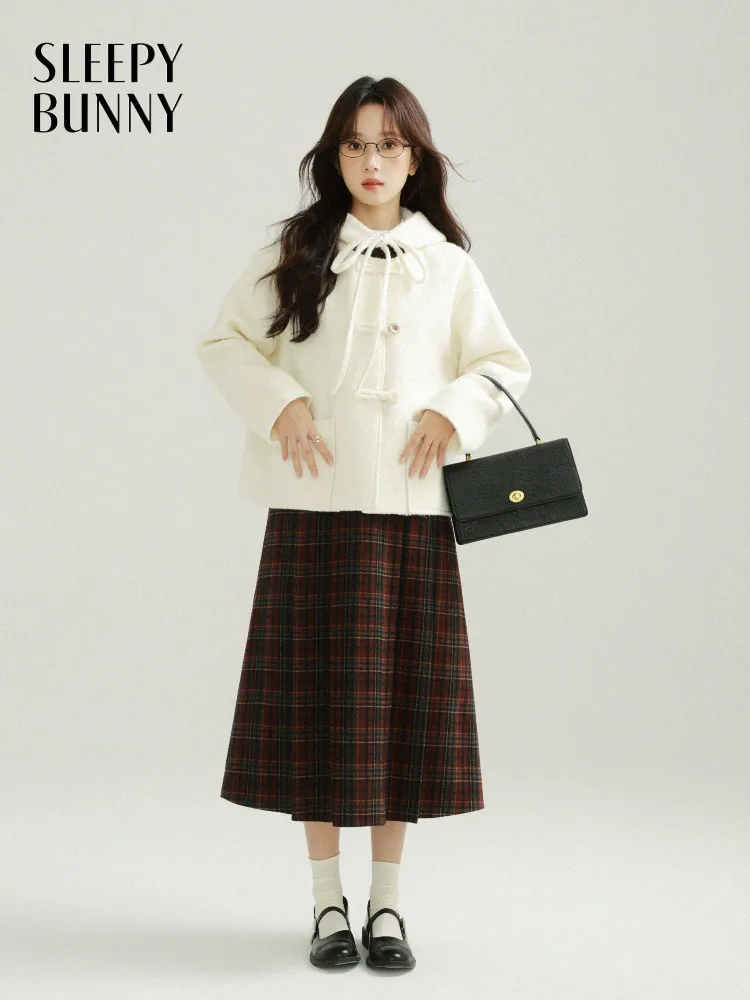 

Preppy Sweet Wool Hooded Short Coat Elegant Winter Jacket Warm Loose Fit Outerwear Top for Women Petite Casual Autumn Fashion