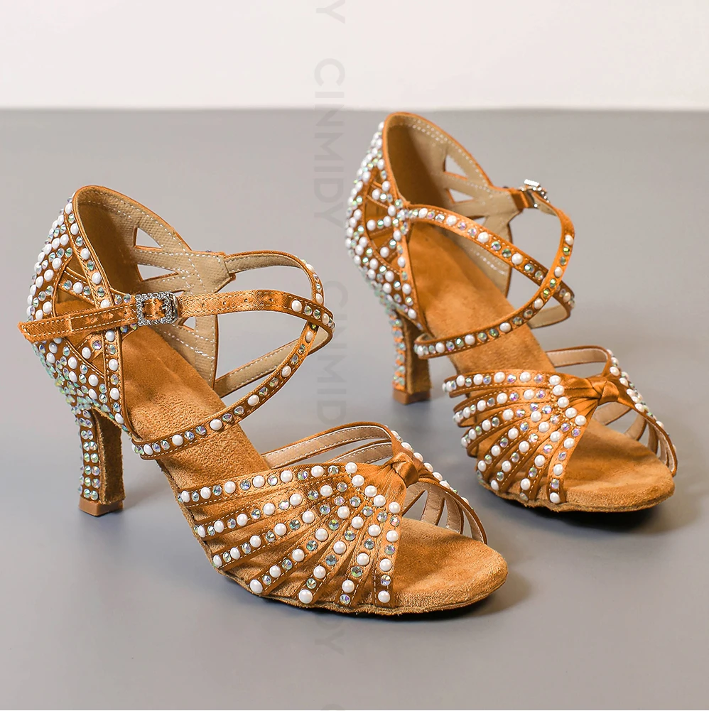 CINMIDY Latein-Tanzschuhe für Damen, Ballroom Modern Tango Tanzschuhe, Damen-Softsohlen-Indoor-Party-Performance-Schuhe mit Perlen – Detail 3