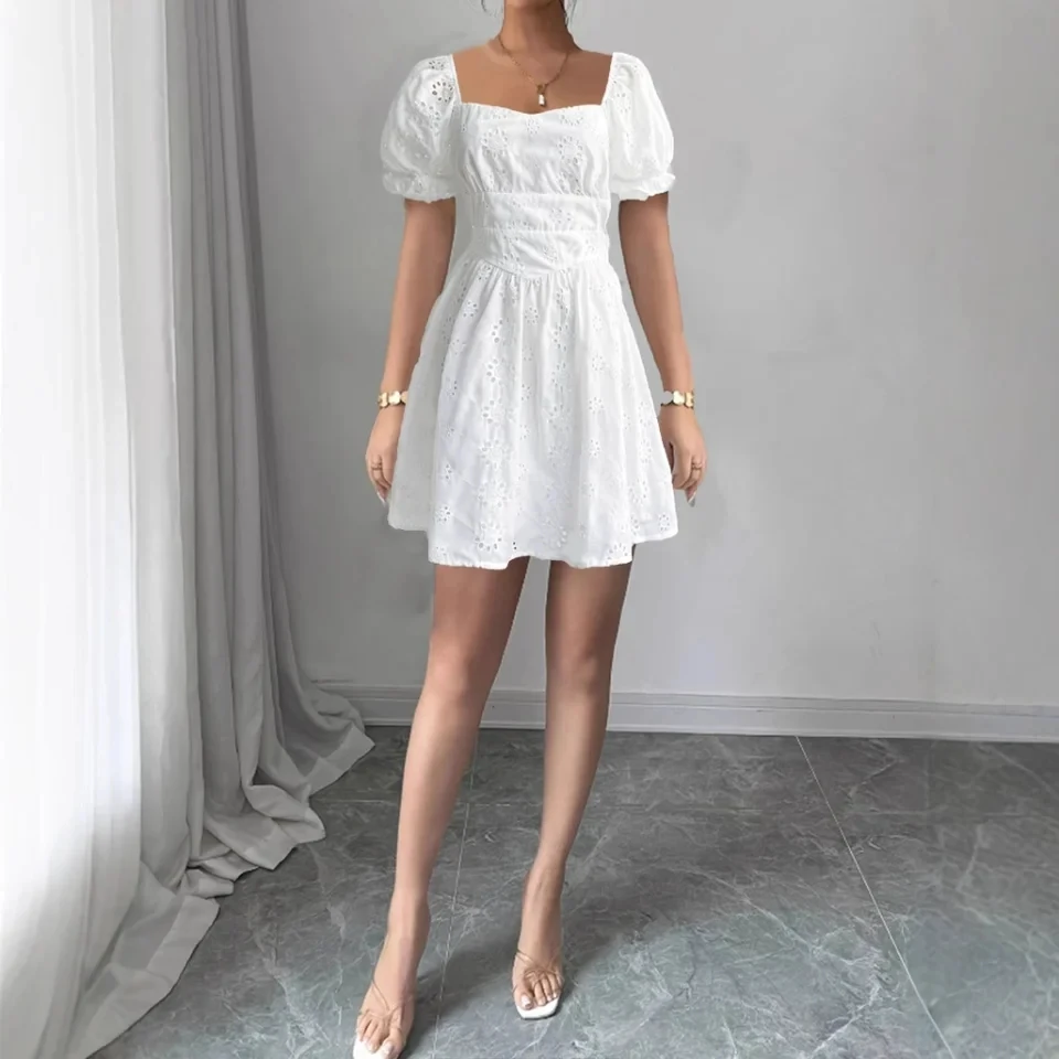 

French Sweet Square Neck Solid Color Backless Dress Women 2025 Fashion New Womens Mini Dresses