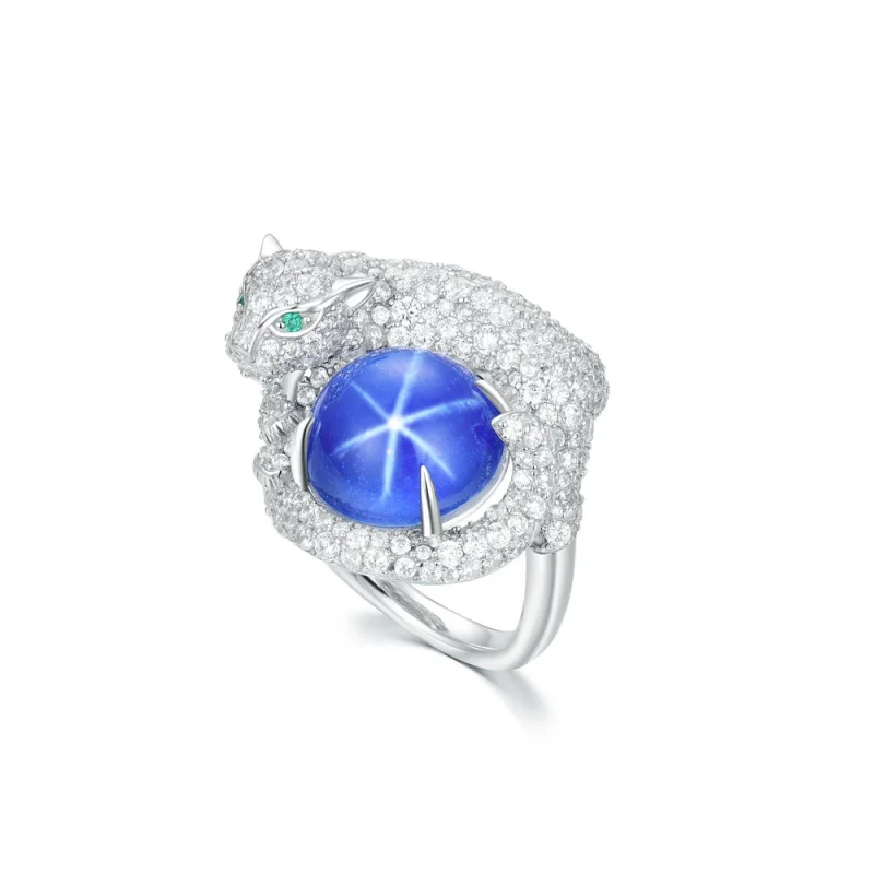 Bellux 925 Silver Gold Plated Synthetic Zircon Starlight Shine Gemstone Blue Leopard Design Ring