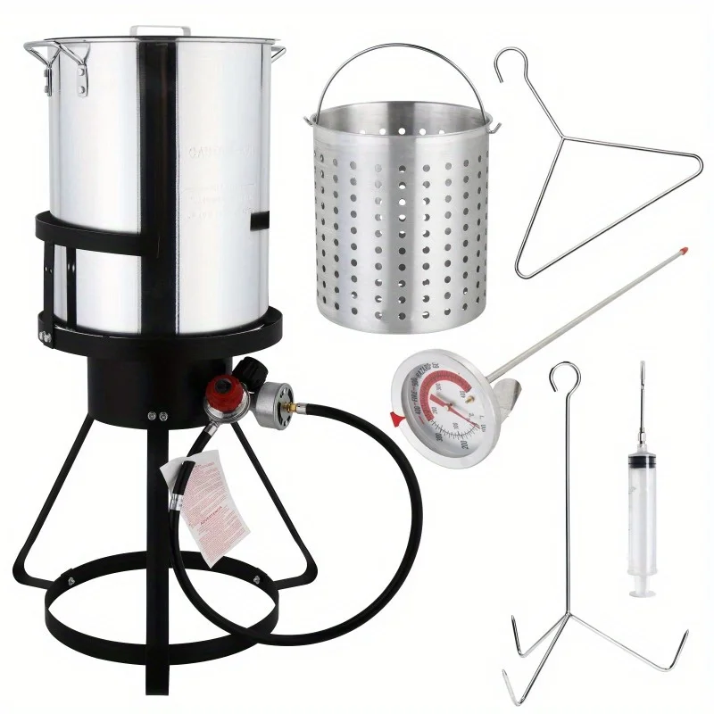 

30QT Stainless Steel Turkey Fryer with 55, 000BTU Propane Stove - Includes Deep Fry Basket, Thermometer, Marinade Injector, Turkey Rack & Lifter - Ideal for Outdoor Patio & Camping - Perfect Christmas Gift