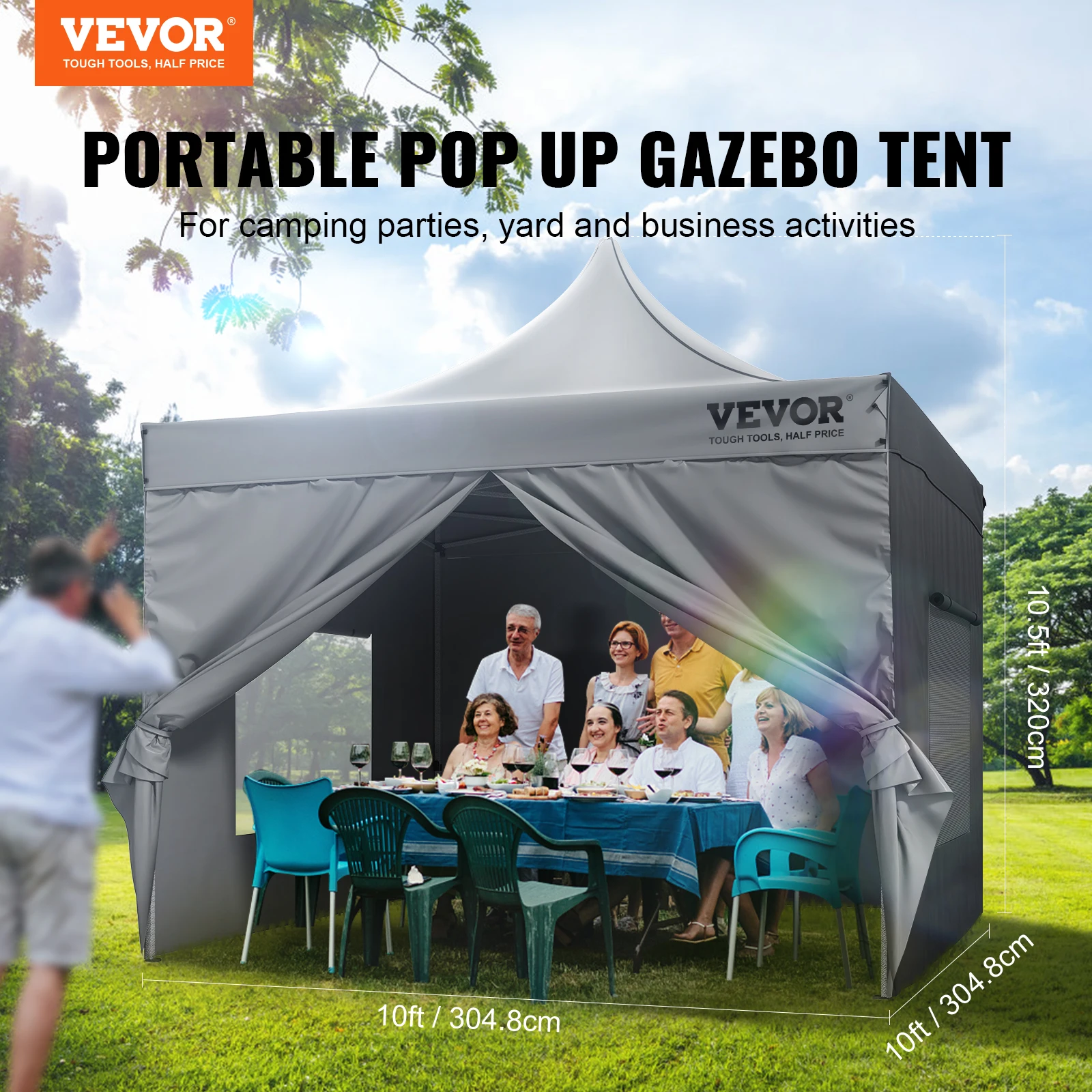 VEVOR 10x10 FT Pop up Canopy with Removable Sidewalls Portable Gazebo & Wheeled Bag UV Resistant Waterproof Tent for Patio