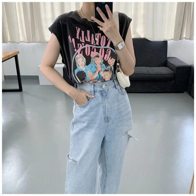 Koreańska koszulka damska Cartoon Printing Tees Loose Tank Top O-neck Pink Sleeveless Preppy Style Crop Tops Hot Selling Y2k Clothes