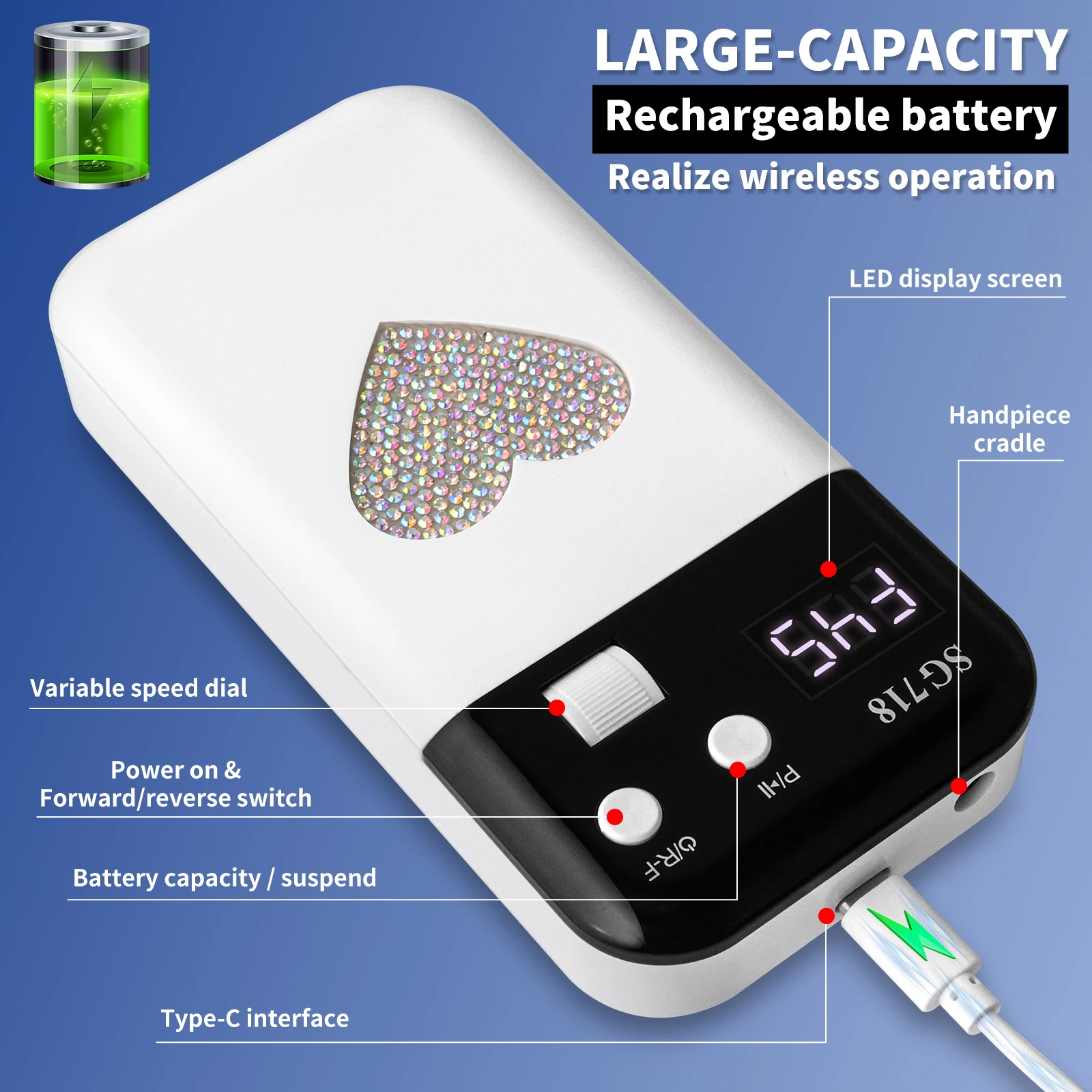 Taladro eléctrico para uñas de 45000RPM, lima de uñas recargable de poco ruido, esmalte de uñas profesional para herramientas de salón de manicura