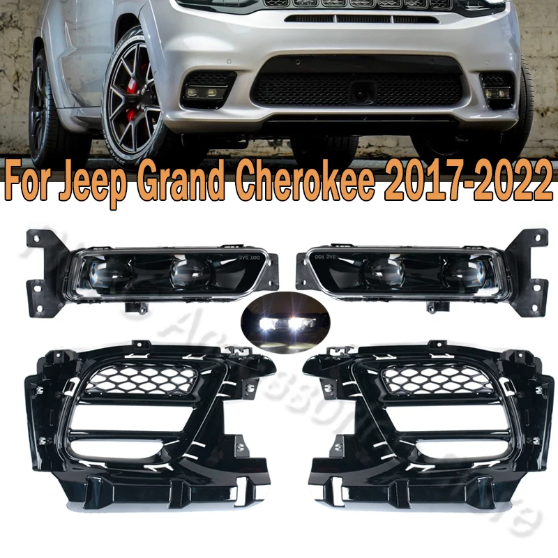 Car Front Bumper LED Fog Light Cover Bezel DRL Daytime Running Light Grille Fog Lamp For Jeep Grand Cherokee 2017 2018 2019-2022