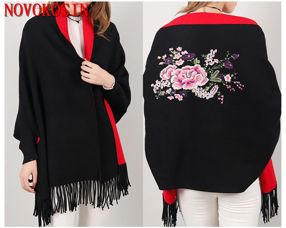 14 Colors Women Loose Streetwear Cape Winter Knitted Poncho Shawl Long Sleeves Knitwear Wrap Vintage Embroidered Floral Cloak