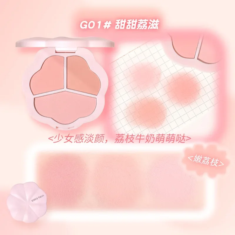 GOGO TALES Paleta de rubor de 3 colores, color rojo mate, color de expansión y contracción, rosa nude natural, curtido solar, color duradero