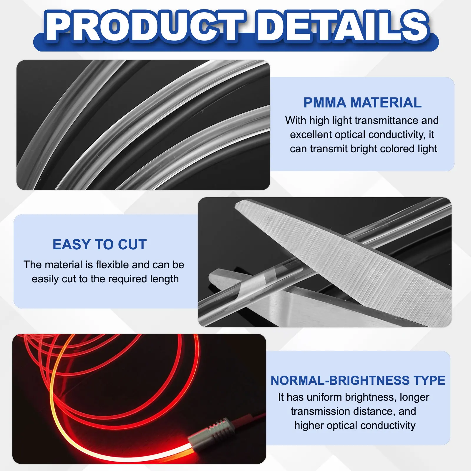 1.5-3.5Meter PMMA Side Glow Fiber Optic Cable 4/5mm Diameter for LED Light Guide in Home Hotel LED Fiber Optic Light Decoration