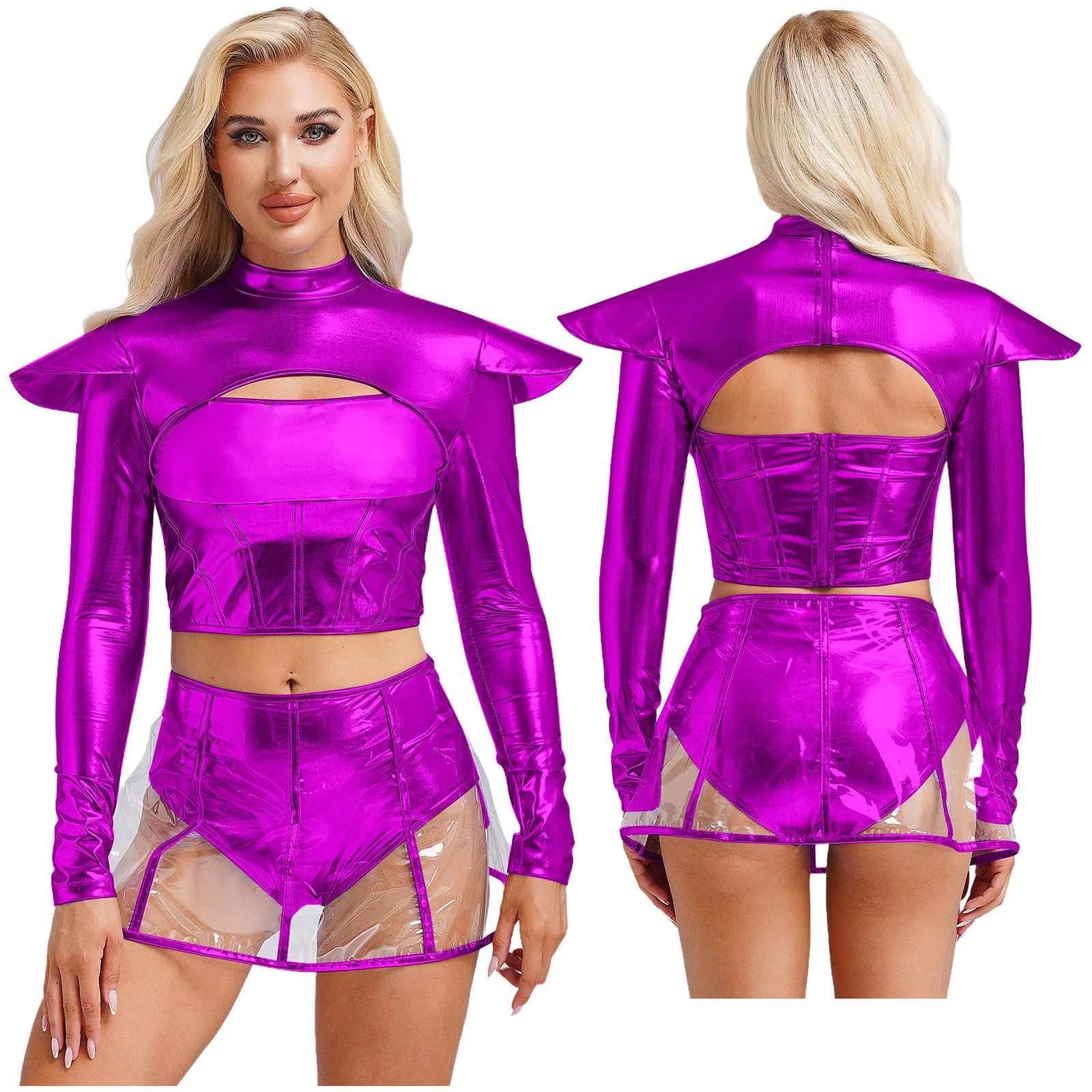 Vrouwen Galaxy Alien Astronaut Outer Space Rollenspel Kostuum Crop Top met lange mouwen en slip Rok voor Carnaval Party Halloween