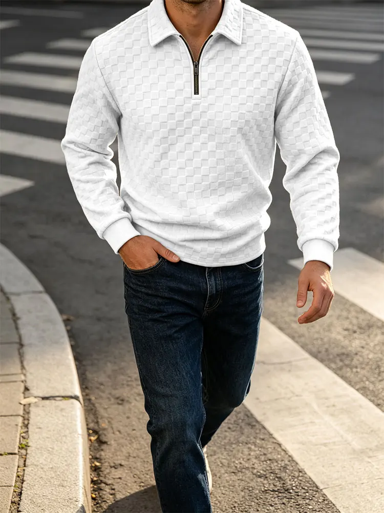 2026 Men'S Heavyweight, High-Quality Checkered Jacquard FabricPolo，Autumn And Winter Lapel Casual Half-Zip Base Layer Shirt