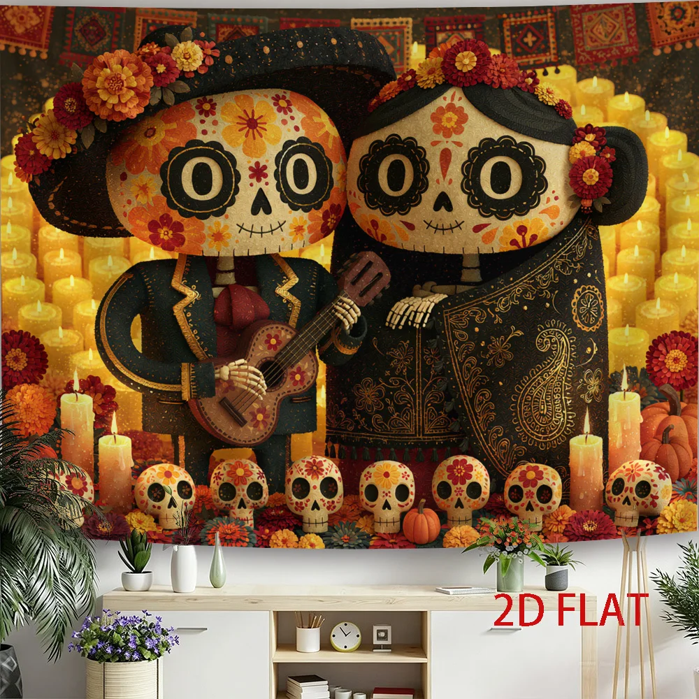 2D Flat  Print 1pc Tapestry Day Of The Dead Sugar Skull Couple Wall Hanging Candlelit Floral Decor Aesthetic