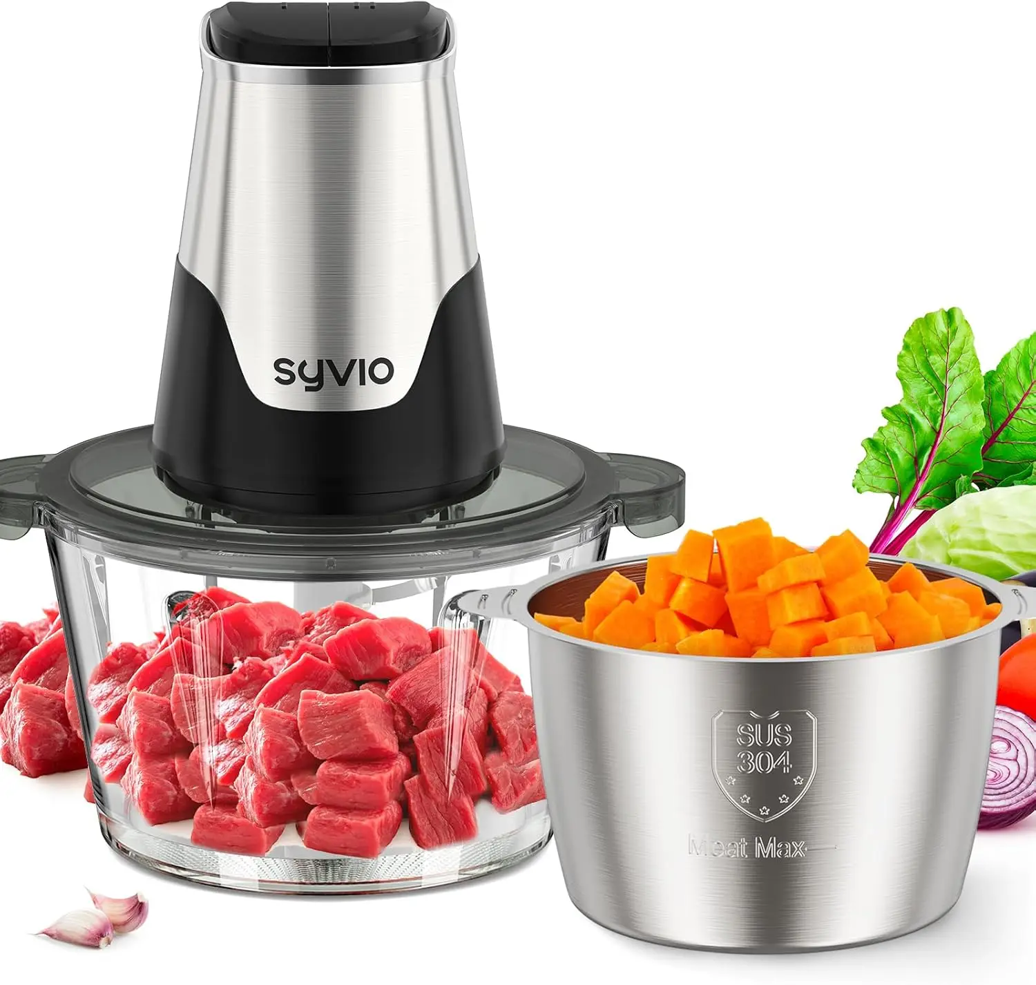 

Food Processors With 2 Bowls, Meat Grinder 4 Bi-Level Blades, Mini Electric Food Chopper 450W, For Baby Food, Meat, Onion,