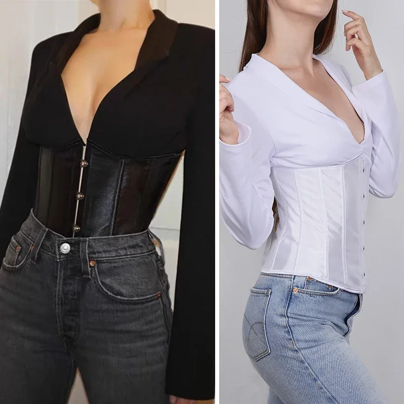 Sexy Corset Tops For Women Office Lady T-shirt sLong Sleeve V-neck Belt Band Patchwork Bandage Bustier Streetwear Outfits Corser