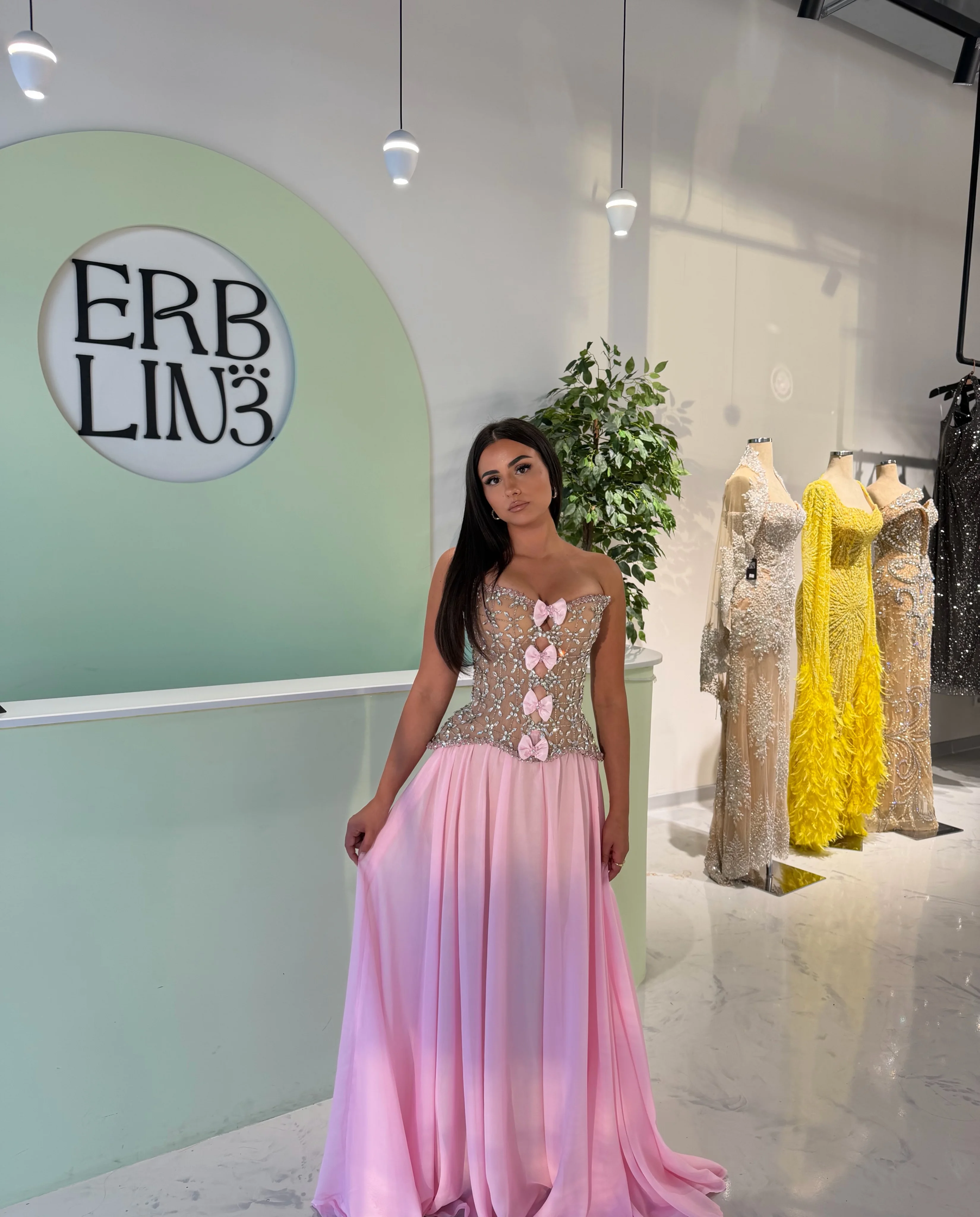Customized Sparkly Strapless Evening Dresses Chest Sheer with Rhinestones Bow Floor Length Chiffon Sexy Prom Party Gowns