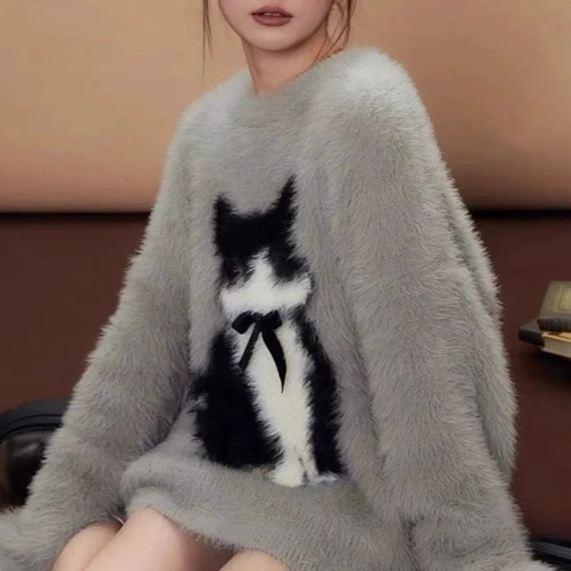 Pullovers Women Fun Cat Pattern Bow Design Japanese Style Oversized Knitted Sweaters Autumn Loose Couples Chic Sweet Soft Tops