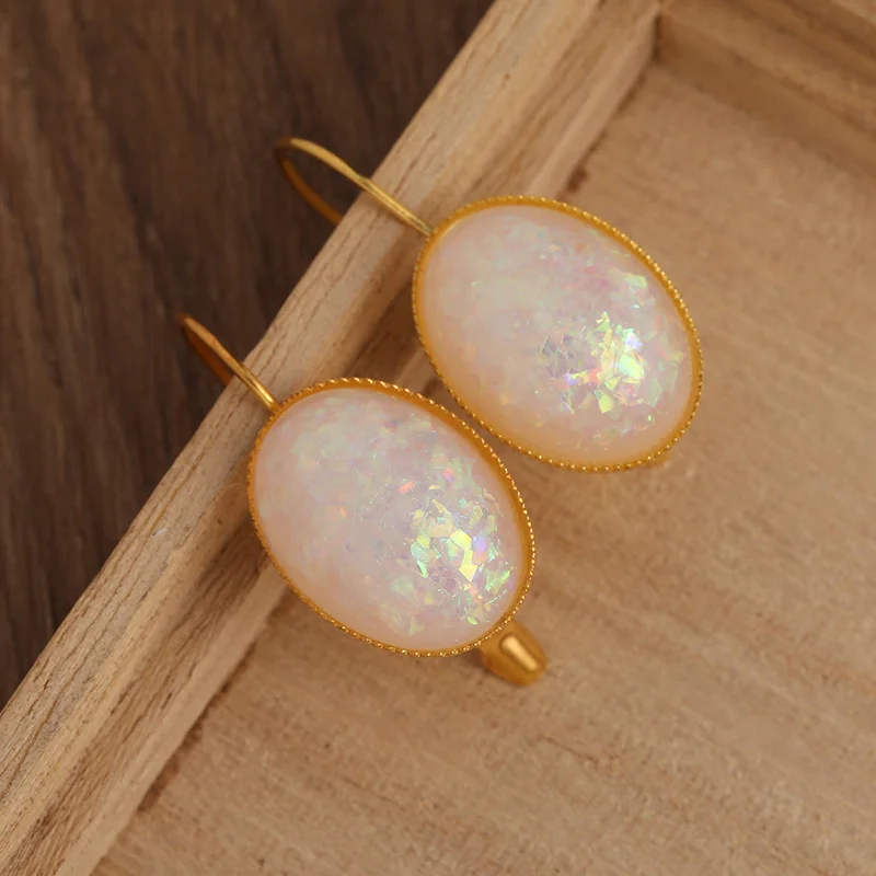 Bridal Oval White Fire Opal Earrings for Bride Earrings Cute October Birthstone Leverback Gold Color Earrings Jewelry