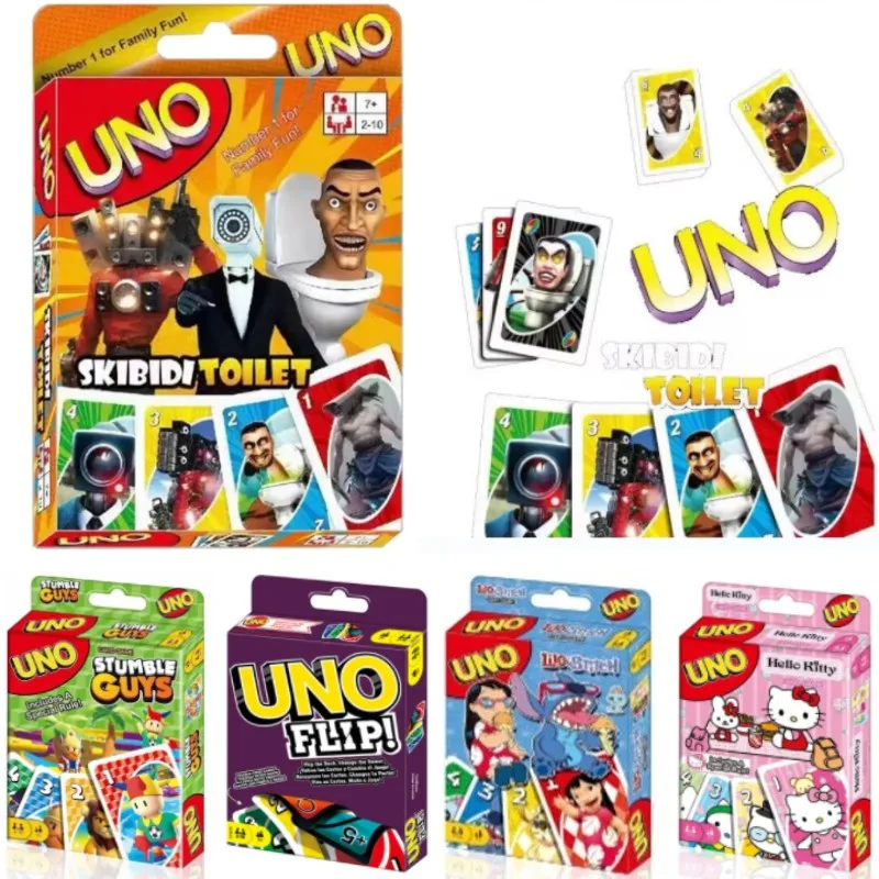 

Карточная игра Mattel Games UNO SKIBIDI TOILET для семейной ночи с тематической графикой телешоу и специальной линейкой для 2-10 игроков