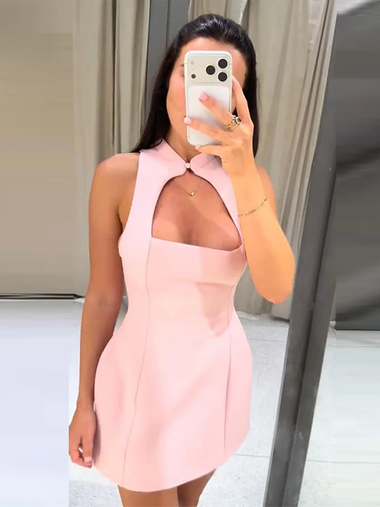 Plissiertes, ausgeschnittenes, tailliertes Minikleid für Damen – sexy, ärmellos, mit Einzelknopf und Reißverschluss, schmal geschnitten, charmantes Partykleid, neu – Detail 14