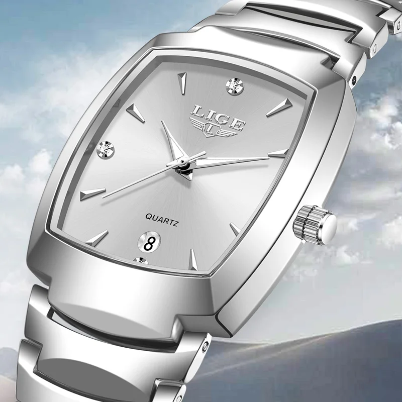 ساعات LIGE النسائية المربعة ذات الحزام المعدني الذهبي ساعات يد كوارتز فاخرة للسيدات ساعة بمقياس ماسي + صندوق هدايا