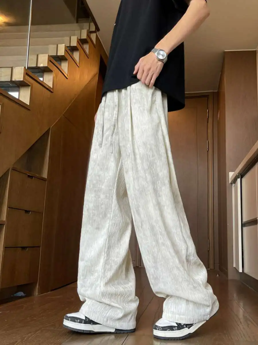 

New Summer Tie Dye Treebark Pattern Loose Wide Leg Ice Silk Casual Pants Men's Breathable Qui Dry Long Trousers High Waist