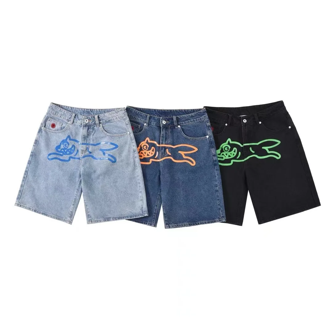 Summer Flying Dog Printed Men's Denim Shorts Hip Pop Vintage Loosen Jeans Y2K Straight Leg Baggy Shorts