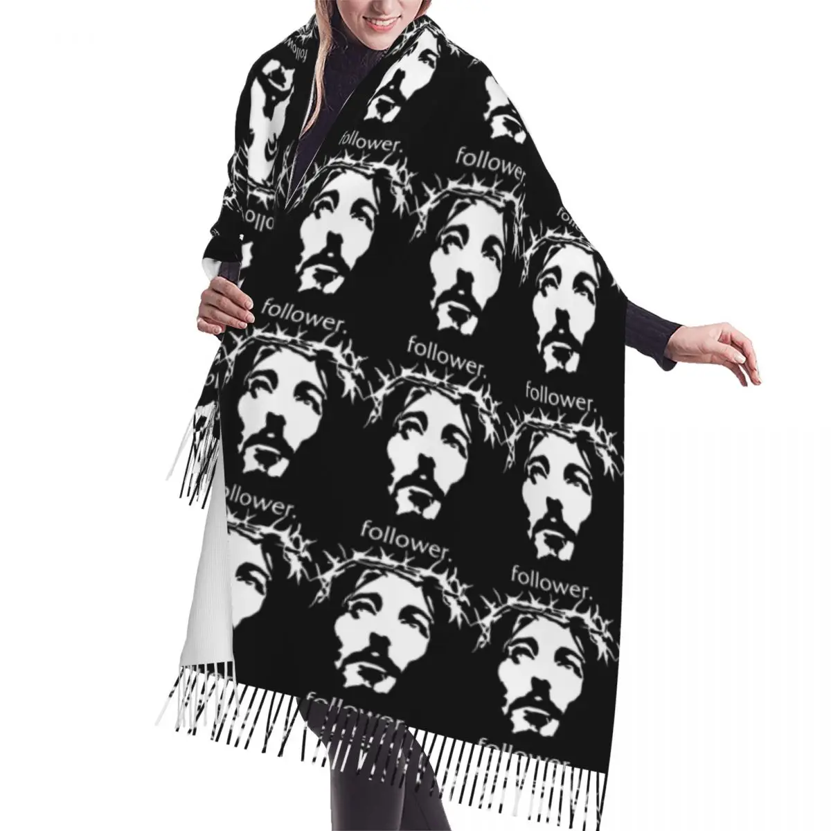 Custom Lady Large Funny Follower Jesus Christ Scarves Women Winter Fall Soft Warm Tassel Shawl Wraps Faith Christian Scarf