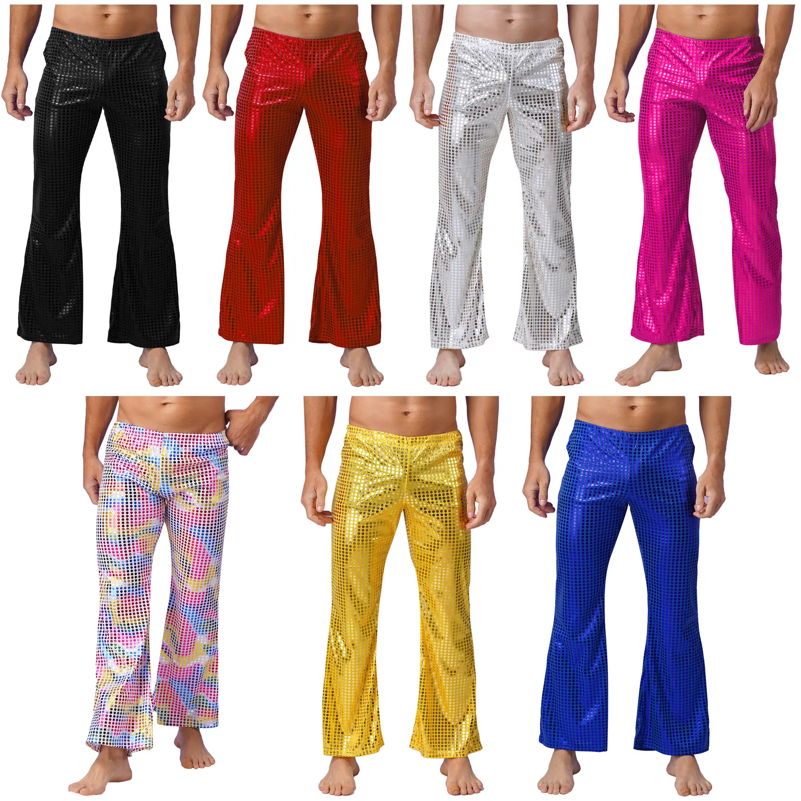 70s Disco Pants for Mens Stage Performance Costumes Bell Bottom Pants Elastic Waistband Flared Pants Shiny Sequins Long Pants