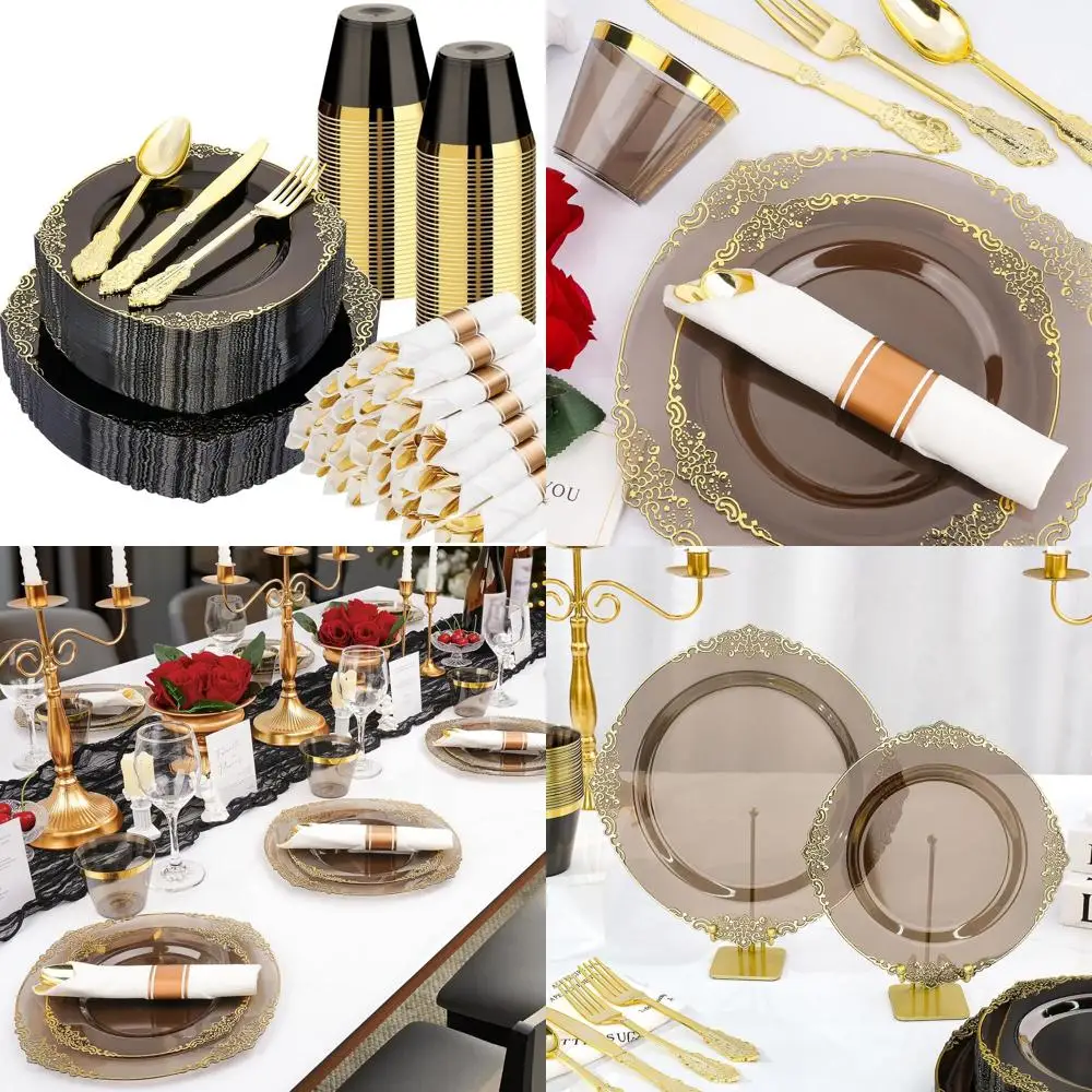 

Set of 350 Black & Gold Disposable Plates, Silverware, Cups & Napkins for 50 Guests - Perfect for Weddings, Parties, Graduations