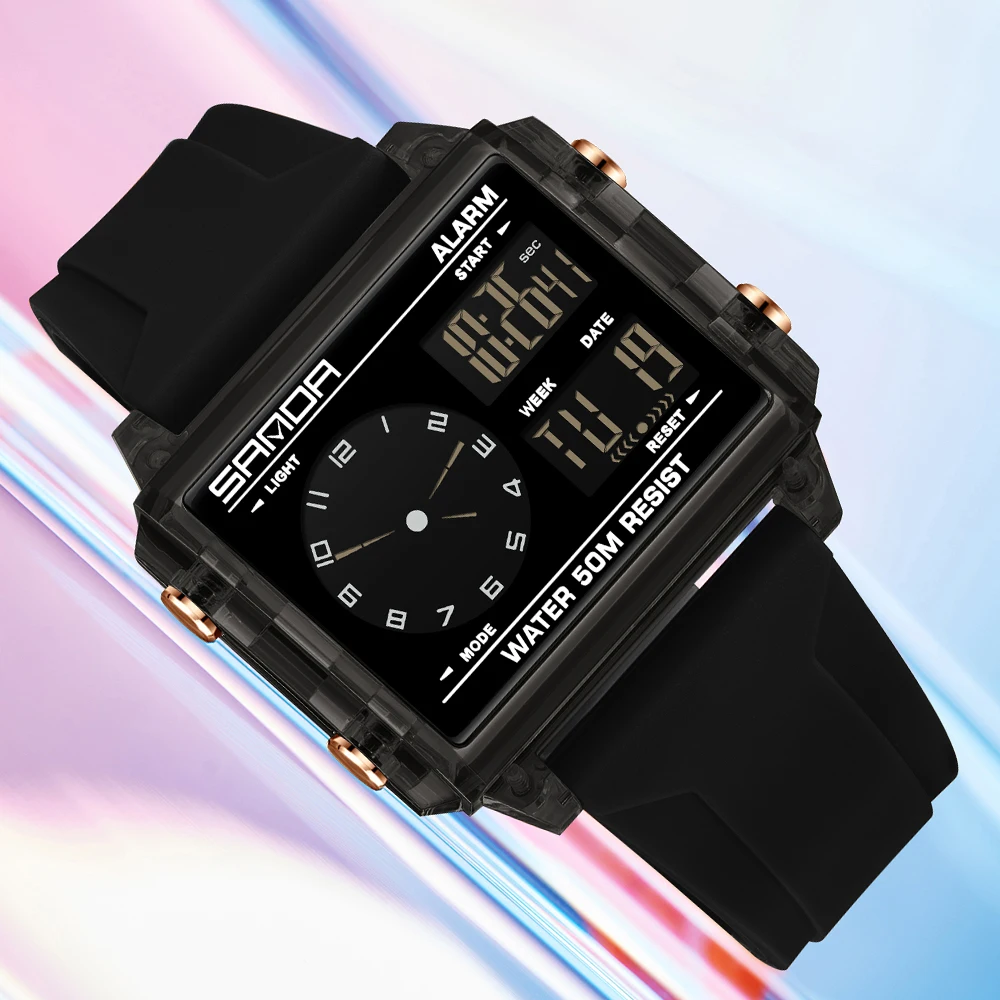 SANDA Men Women Analog Digital Wristwatch Fashion Square Dial Waterproof Countdown Timer World Time Electronic Watch