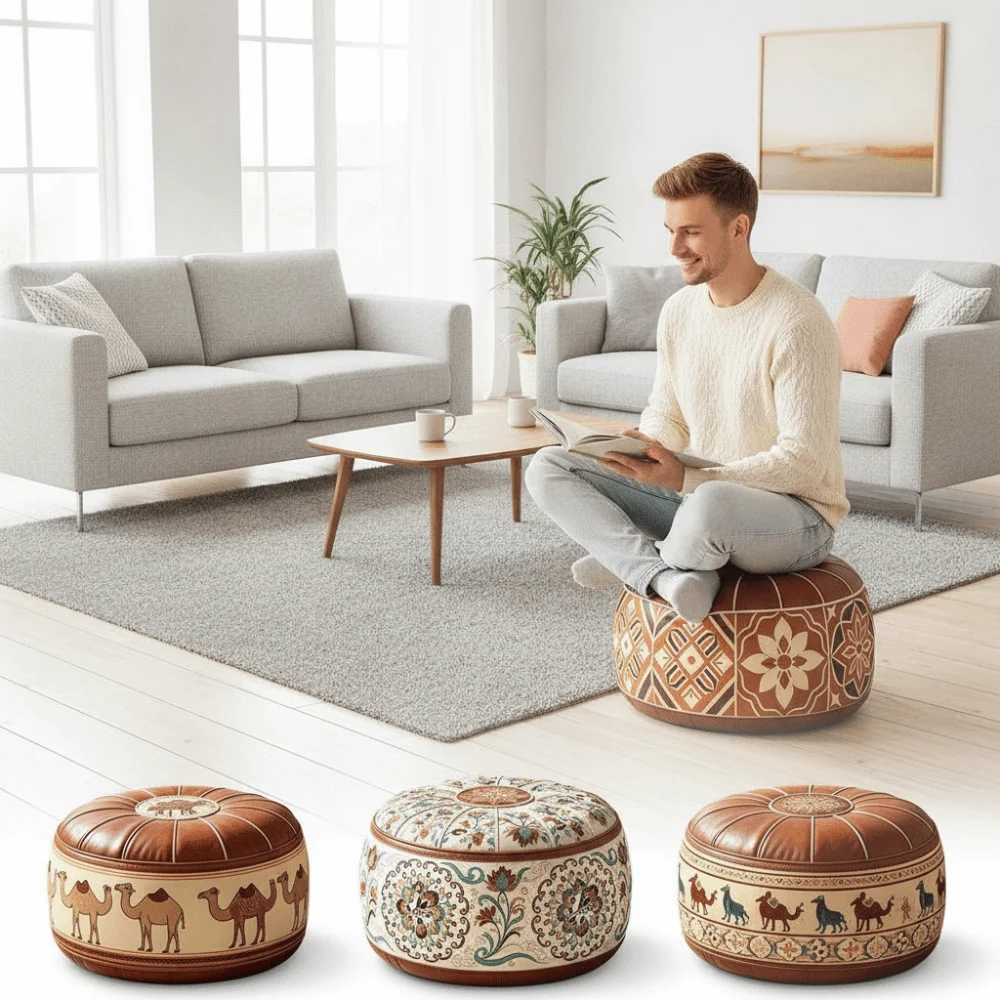Boho Pattern Ottoman Pouf PU Leather Fillable Design Footstool Cover Water Resistant Large Opening Round Pouf Cover Living Room